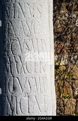 Roman inscription on a stone column in Carthage Stock Photo