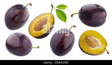 Plums with leaves isolated on white background Stock Photo