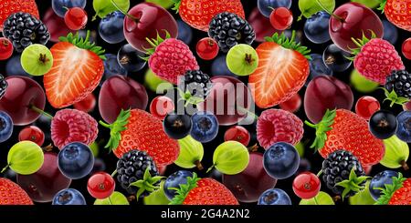 Falling berries seamless pattern isolated on black background Stock Photo
