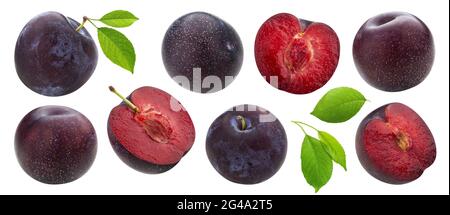 Plums with leaves isolated on white background, collection Stock Photo