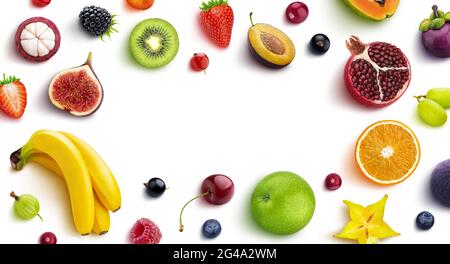 Frame made of different fruits and berries, flat lay, top view Stock Photo