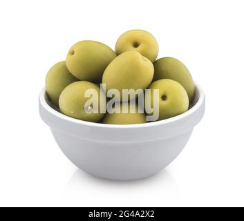 Green olives in bowl isolated on white background with clipping path Stock Photo