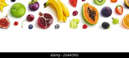 Frame made of different fruits and berries, flat lay, top view Stock Photo