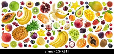 Mix of different fruits, berries and vegetables isolated on white background Stock Photo