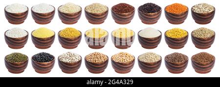 Different cereals, grains and flakes isolated on white background with clipping path Stock Photo