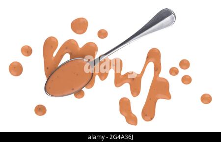 Pink cocktail sauce isolated on white background, top view, spoon of thousand island sauce Stock Photo