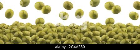 Falling green olives isolated on white background, heap of green pickled olives, seamless pattern Stock Photo
