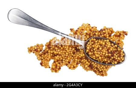 French mustard with spoon isolated on white background. Top view Stock Photo