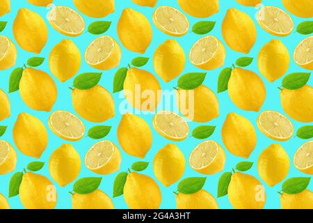 Seamless pattern with lemons. Lemon isolated on blue background. Stock Photo