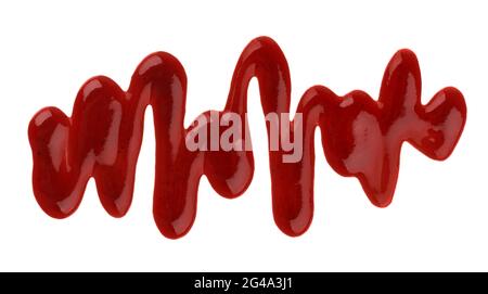 Ketchup. Splashes and spilled ketchup sauce isolated on white background. Top view Stock Photo