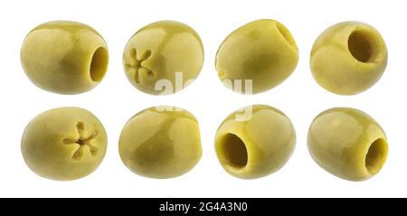 Pitted olives collection. Green olive isolated on white background with clipping path Stock Photo