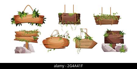 Empty wooden planks hanging on ropes with liana branches and tropical leaves. Set of vintage, retro banners for game. Cartoon vector illustration. Stock Vector