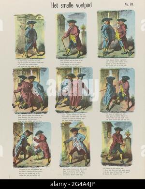 The narrow footpath; Meijer's prints. Leaf with 9 performances over two men, doctor Dikbuik and Lawyer Puntkin, who cannot rose by a narrow alley. Under every image a four-line verse. Numbered at the top right: No. 78. Stock Photo