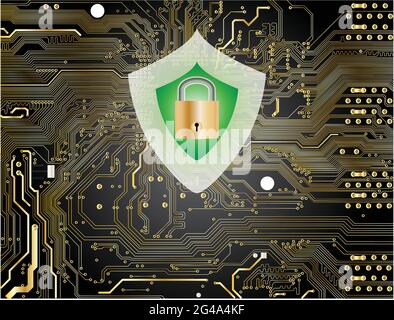 Illustration of cyber security showing motherboard, shield and padlock Stock Vector