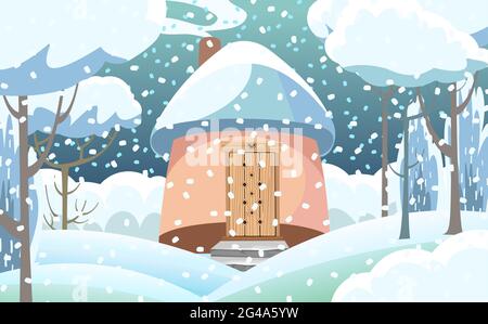 Fabulous funny house in snow. Forest winter landscape. Dwelling of gnome. Beautiful cartoon illustration. Snowfall. Childrens cute picture. Vector Stock Vector