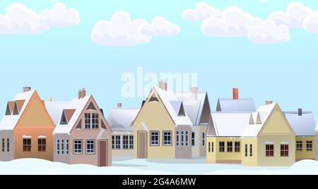 Winter street with snowdrifts. Rural houses. Sky. Quiet frosty day. Seamless. Roofs are covered with snow. Country landscape. Flat cartoon style Stock Vector