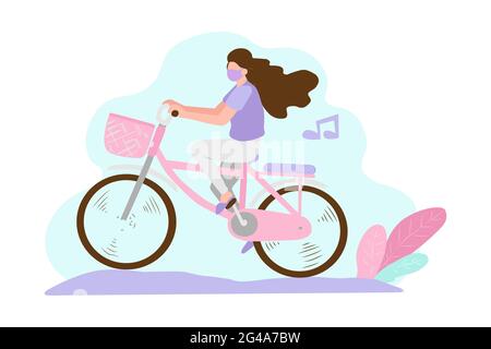illustration the woman riding bicycle using mask Stock Vector