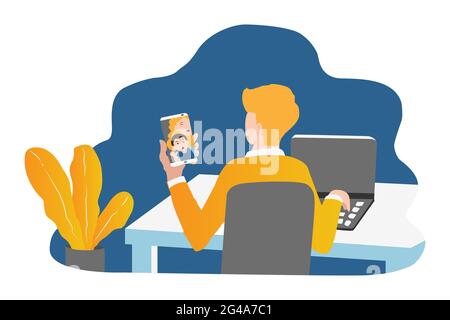 illustration a man work while video call Stock Vector