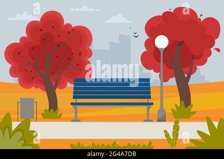 Autumn landscape with bench in the park and trees. Vector illustration in flat style Stock Vector