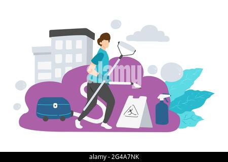 cleaning service holding broom Stock Vector