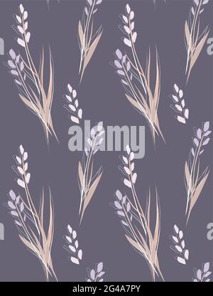 Delicate texture with bouquets of steppe flowers on gray background. Delicate floral texture. Natural fabric with irises sketch on dark backdrop. Vect Stock Vector