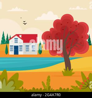 Autumn landscape with cute small house on hill. Cute vector illustration in flat style Stock Vector