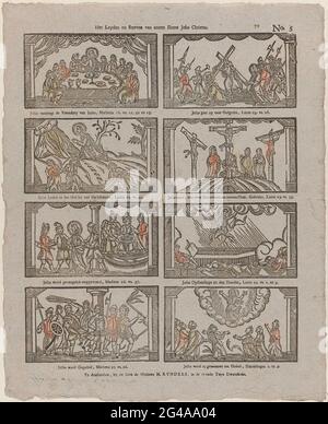 Leyden and dying of our Lord Jesus Christ. Leaf with 8 performances from the passion of Christ, such as the last supper, the cross and the Ascension of Christ. Under every performance a caption and a reference to the corresponding Bible text. Numbered at the top right: No. 5. Stock Photo