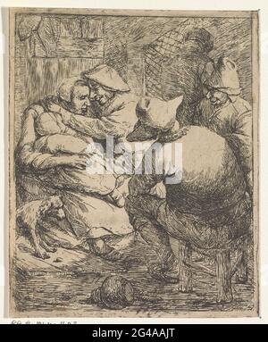 Farmer's party with man who embraces a woman. A man embraces a woman who holds a child on her lap. In addition to the woman is a dog. On the right two men. Stock Photo