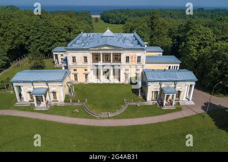 PETERHOF, RUSSIA - DECEMBER 02, 2019: The ancient palace of the Dukes of Leuchtenberg in the estate 'Sergievka' on a sunny June day. Stary Peterhof Stock Photo