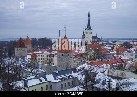 Classic cityscape of old Tallinn on a cloudy March day. Estonia Stock Photo