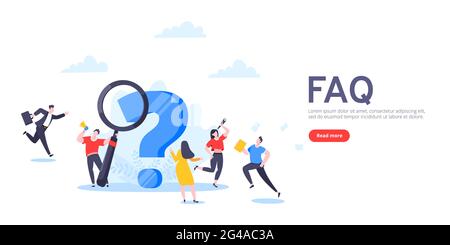 Q and A or FAQ concept with tiny people characters, big question mark, frequently asked questions template. Answers business support concept flat styl Stock Vector