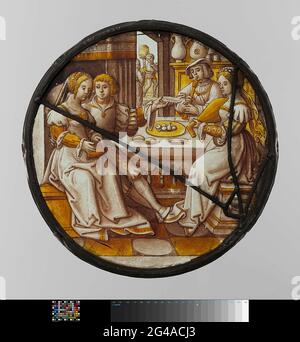 Diamond with the lost son. Key stained glass with show from the life of the lost son. (New Testament, Luke, Chapter XV). In an interior overlooking a landscape is left, from a table, on which o.m. is a bowl of fruits, a young couple. The woman opens a money pouch while the man comprises her with his right arm and holds a bowl with his left hand. On the right side a woman playing a lute and a man with a flute to his lips. A cupboard with bowls and cups behind him. Left on the fall of a bed The inscription: Alpsiogt. The show is made of yellow.