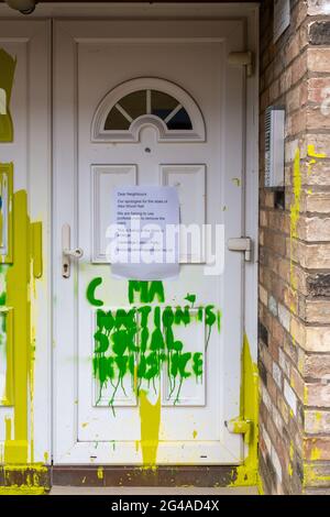 In  May 2021 Extinction Rebellion protestors threw yellow paint on Alex Wood Hall, Cambridge Labour Party HQ. Stock Photo