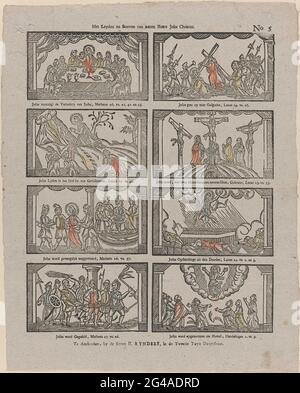 Leyden and dying of our Lord Jesus Christ. Leaf with 8 performances from the life of Christ, such as the Last Supper, the Cross and the Ascension of Christ. Under every performance a caption and a reference to the corresponding Bible text. Numbered at the top right: No. 5. Stock Photo