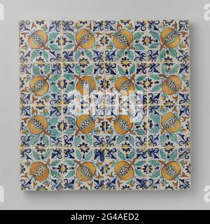Field of sixteen tiles with open pomegrases. Field of sixteen tiles (4 x 4) each with a multi-colored (blue, green, orange and yellow) painted open pomegranate, diagonally placed. Along the edges, half a rosette and in the corners a lily. Stock Photo