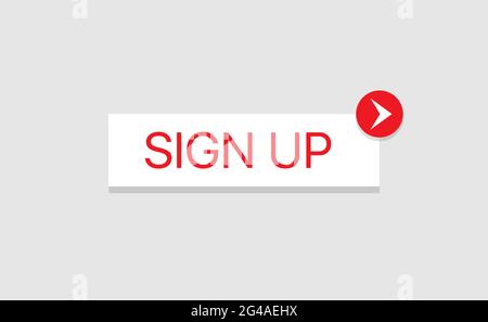 White square shape sign up button with red arrow pointer for web and social networks on grey background Stock Vector