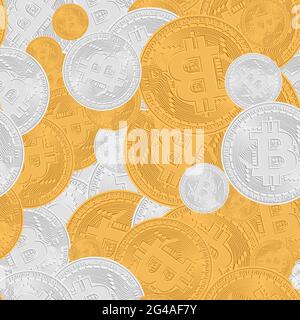 Bitcoin coins seamless pattern. Cryptocurrency gold and silver coin with gold bitcoin symbol on the obverse. Blockchain technology. Use for print prod Stock Vector