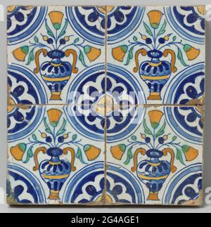 Field of four tiles with flower pots. Four tiles field (2 x 2) each with a multicolored (blue, orange, green and yellow) flowerpot with marigolds. In the corners, a quarter of rosette. Stock Photo