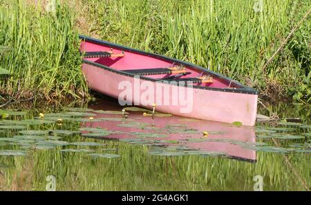 Pink canoe, lying half on the riverbank and half in the water Stock Photo