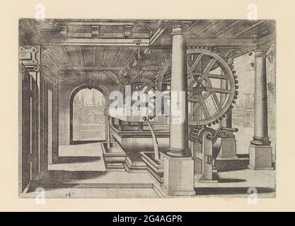 Well under colonnade; Water wells. Under a colonnade is a water system with colossal gears and a wooden barrel that pours the water into a rectangular basin. In the background a face on a large town square. The print is part of an album. Stock Photo