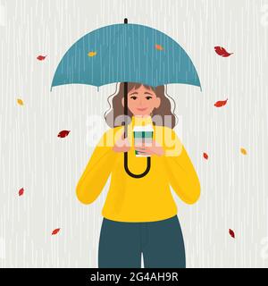 Girl with umbrella. Young Woman under an umbrella in the rain at autumn. Vector flat illustration Stock Vector