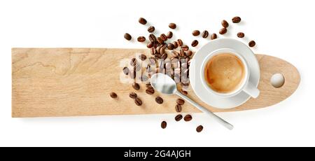 Espresso cup with coffee beans on tray cutting board isolated on white background, top view, space for text, flat lay. Stock Photo