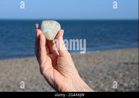 Close up of a senior woman holding a heart shaped pebble. Aldeburgh beach, Aldeburgh, Suffolk, UK Stock Photo