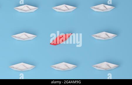 Change concepts with red paper ship leading among white on blue background. Think different. 3d rendering. Stock Photo