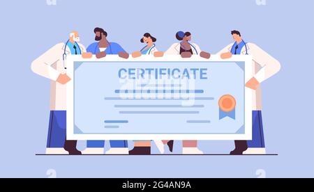 graduated doctors holding certificate graduates celebrating academic diploma degree university medical education Stock Vector