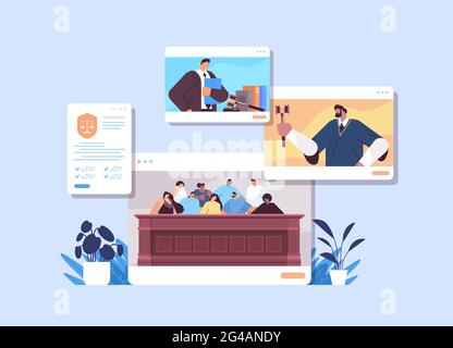 law process with judge jury suspect and lawyer or attorney in web browser windows online court session concept Stock Vector