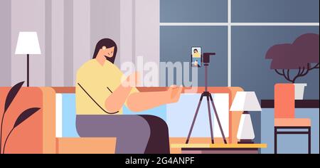 woman podcaster blogger recording video blog podcasting broadcasting live streaming blogging concept Stock Vector
