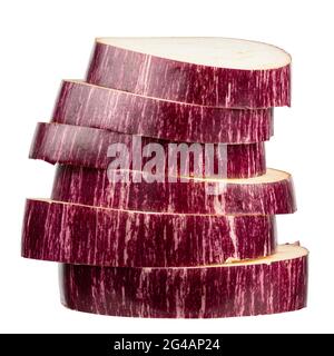Sliced striped eggplant on isolated white. File contains clipping path. Stock Photo
