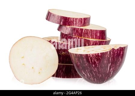 Sliced striped eggplant on isolated white. File contains clipping path. Stock Photo