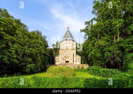 King Ludwig II. (1886), the votive chapel was erected in his memory above the place of death on Lake Starnberg near Berg. Stock Photo